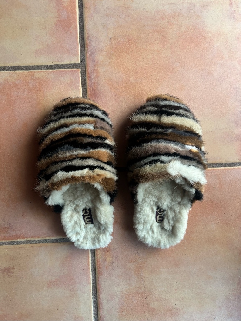 MOU Striped Fur Slide Slippers in Tan, Black, Cream